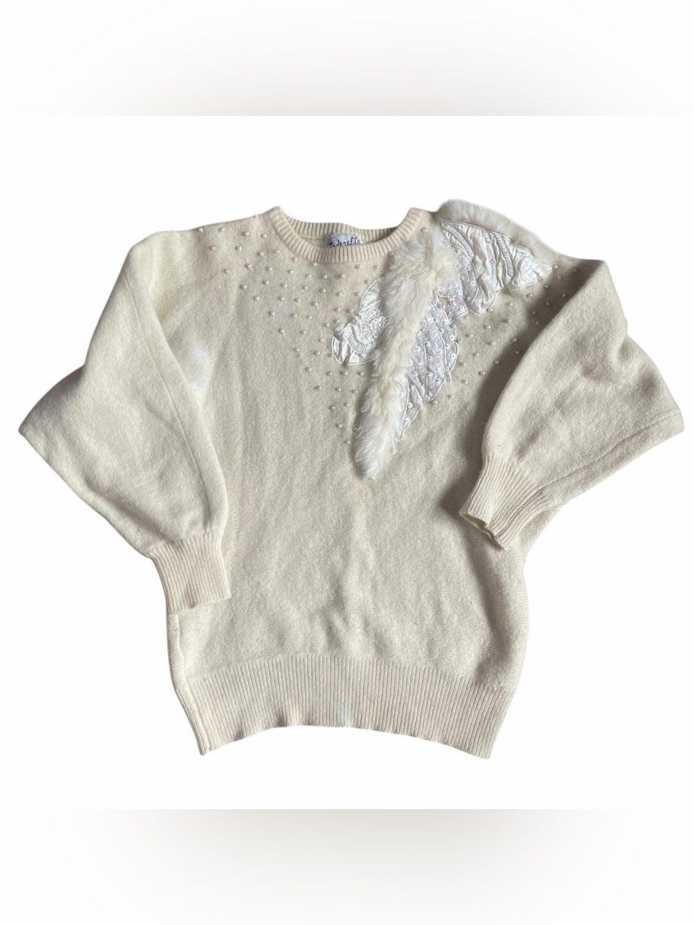 Cinderella Vintage Cream Rabbit Fur and Faux Pearl Accent Wool Knit Sweater L